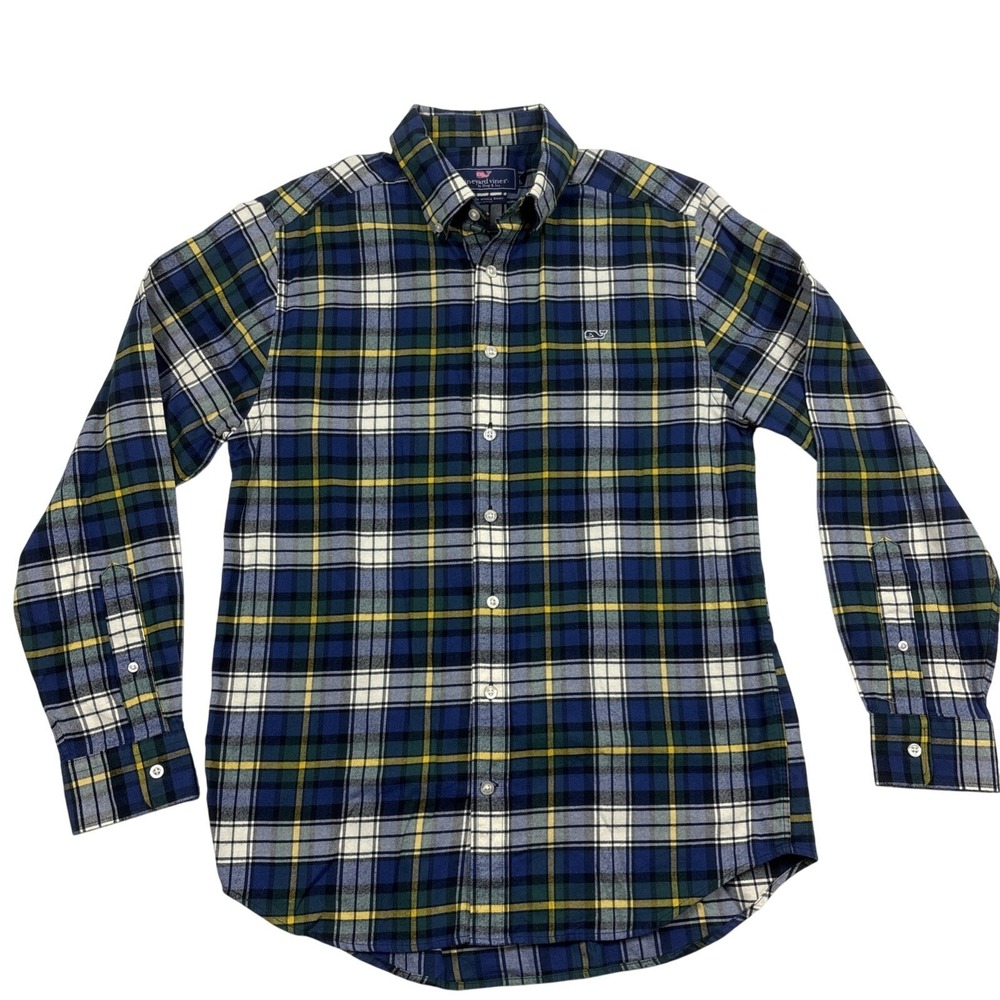 Vineyard Vines Mens Slim Fit Whale Shirt Plaid Cotton Flannel Blue Green Size M